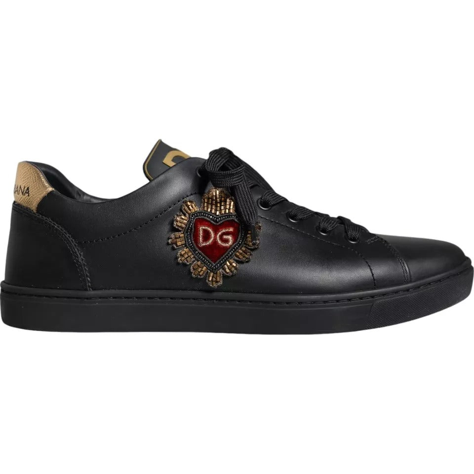 Dolce & Gabbana Black Leather Heart Low Top Sneaker Shoes