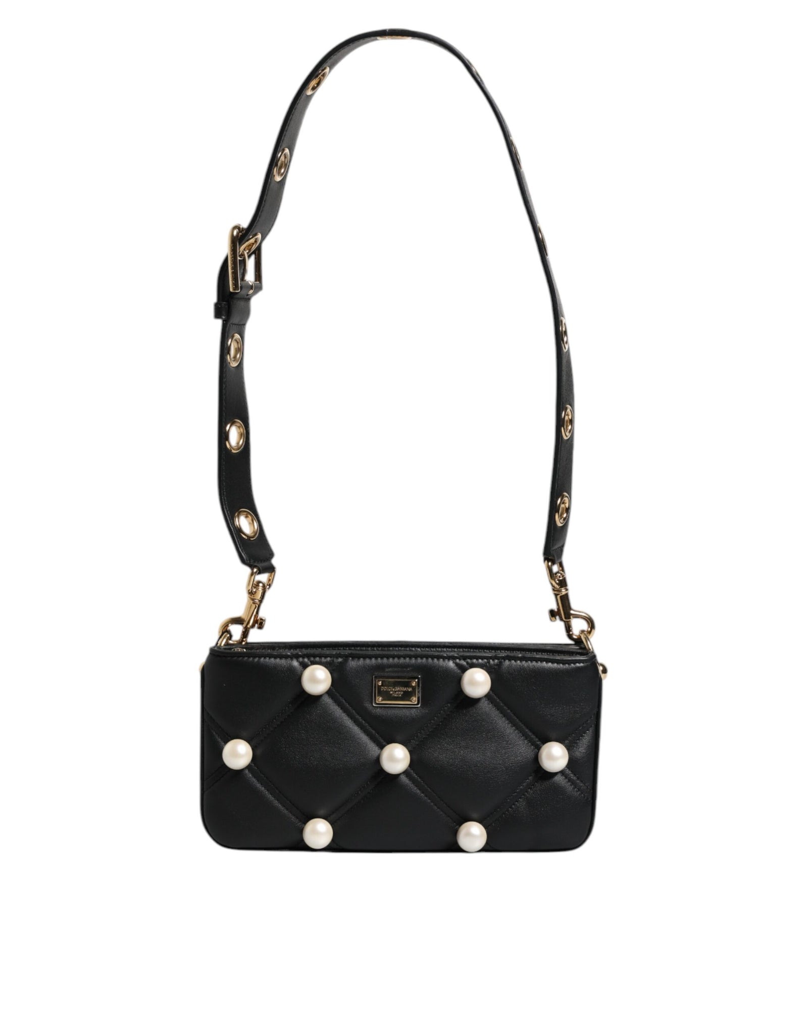 Dolce & Gabbana Black Leather Pearl Embellished Logo Shoulder Bag